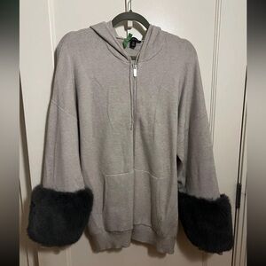 Gray Hoodie with Faux Fur Trim